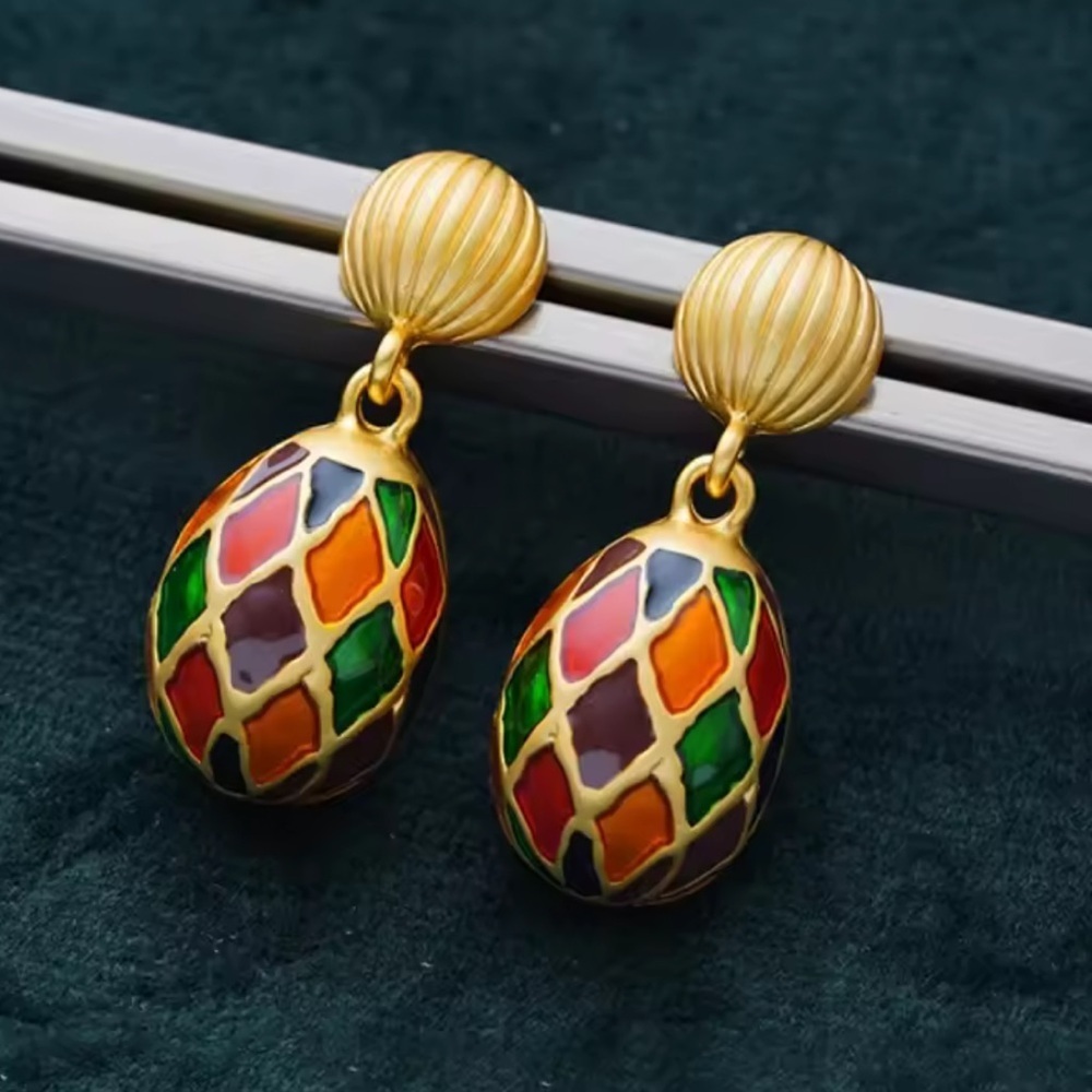 Vintage Harlequin Enamel Drop Earrings - Picture 6 of 6